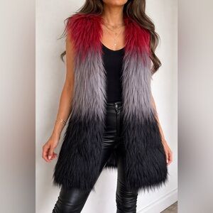 Statement Ombre Faux Fur Vest – Red/Grey/Black